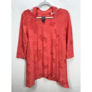 Clara Sun Woo Knit Tunic Top Womens Small Coral Pink Perforated Stretch Flowy
